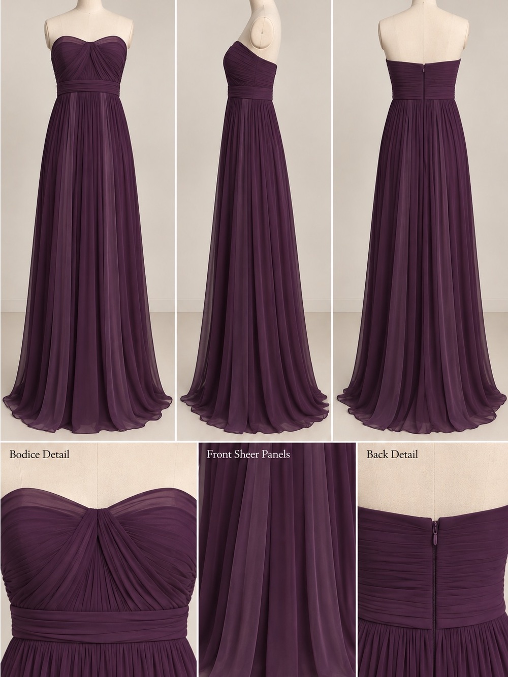 David's Bridal Strapless Pleated Chiffon Gown - Plum